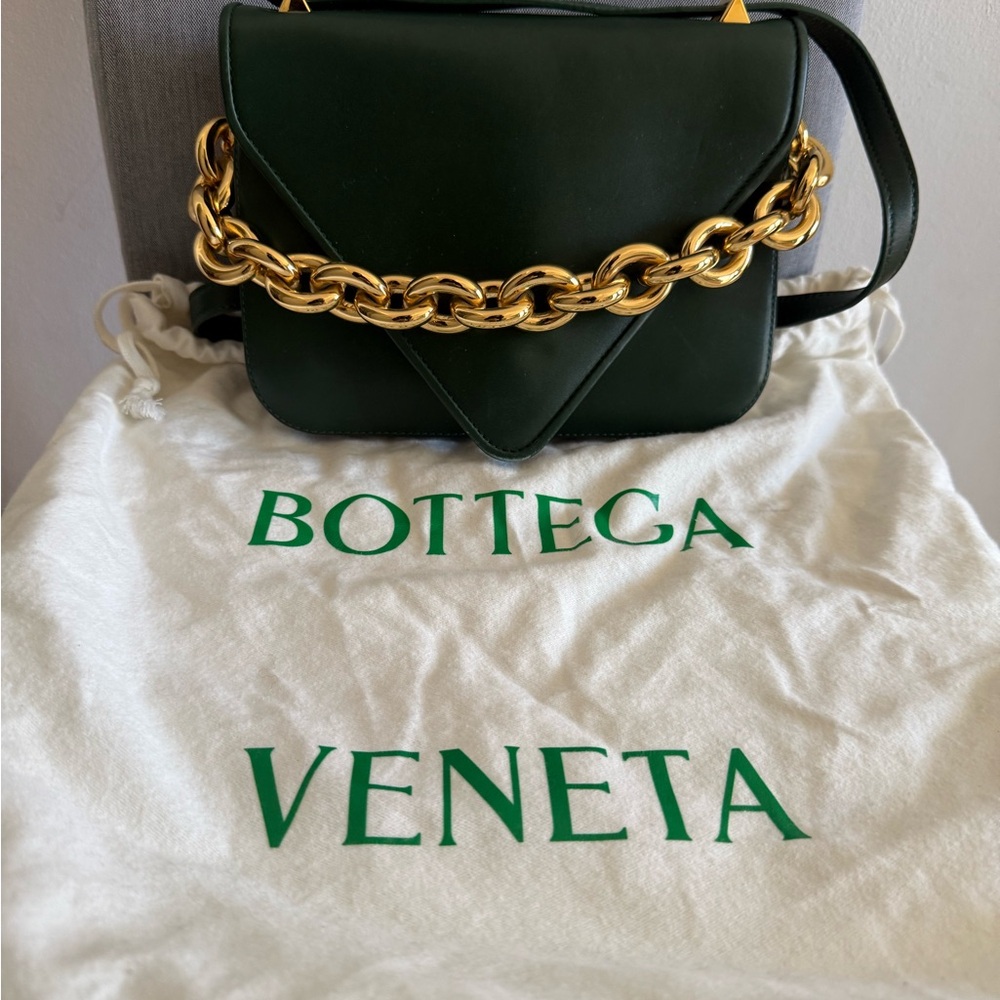 Bottega Veneta Dark Green Shoulder Bag with Gold Chain